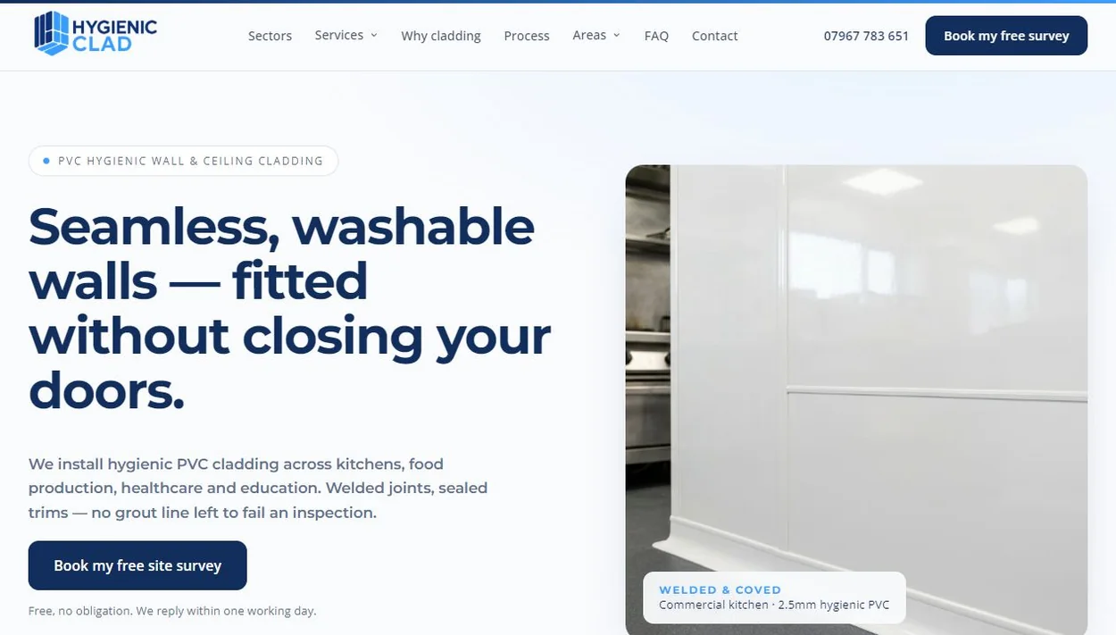 Hygienic Clad homepage with blue typography, installation photography and a site survey button